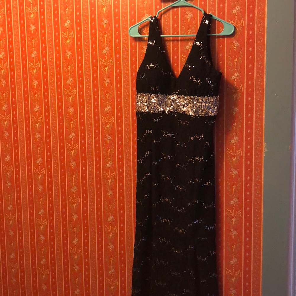 Black and silver beaded prom dress